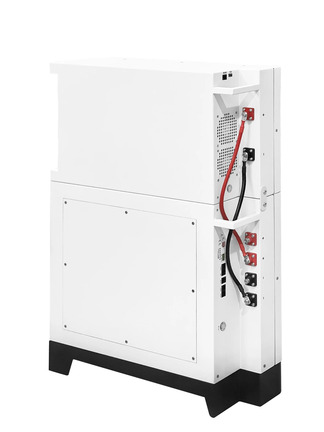 Side and rear view of a modular system's inverter, battery and connecting cables