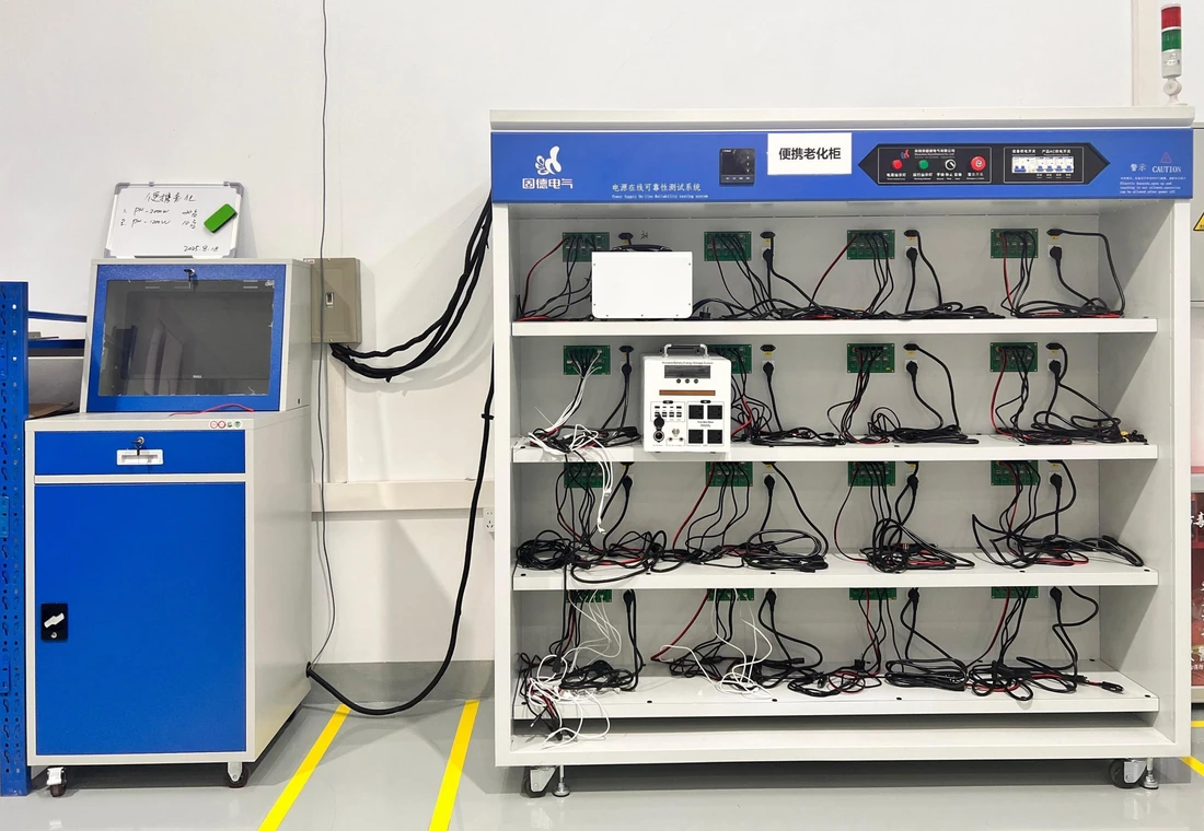 Portable power stations connected by cables on a test rack